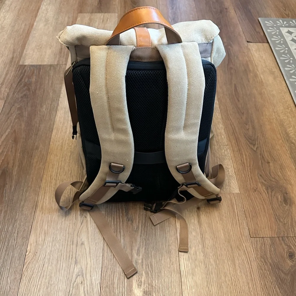 Tan Canvas Camera Backpack with Leather Accents
